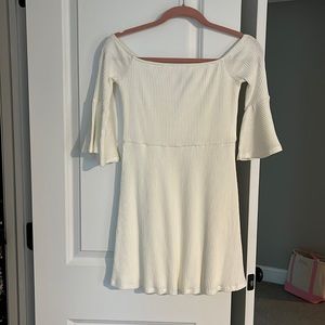 White ribbed bell sleeve dress, perfect for bridal shower!